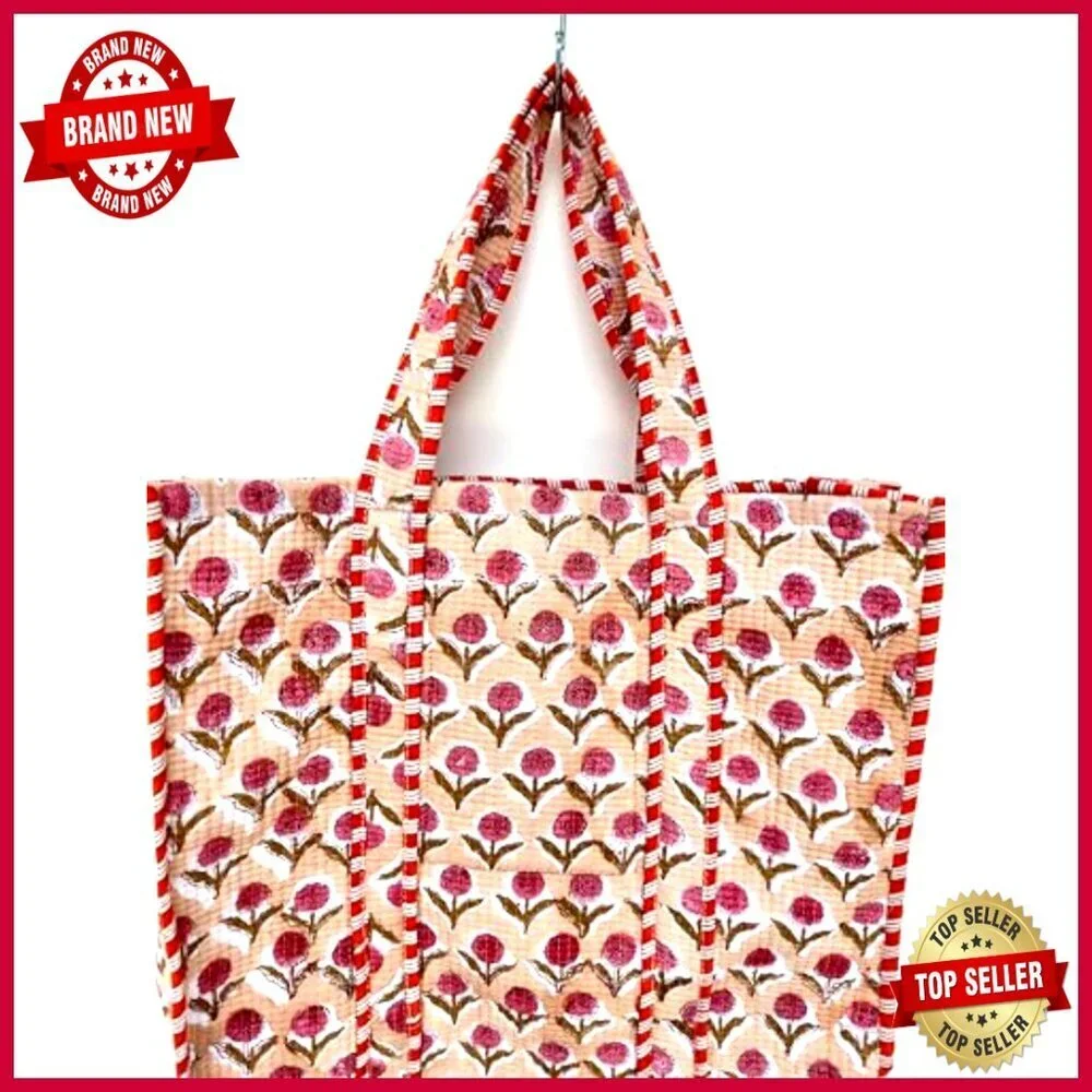 Large Reversible Quilted Cotton Tote Bag Hand Block Print Floral